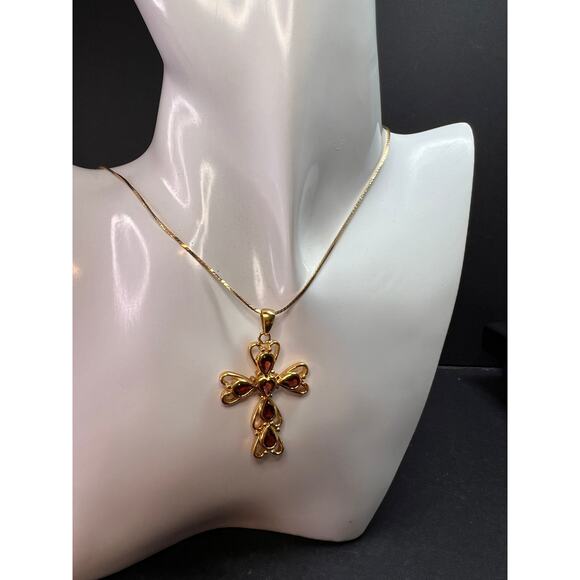 Vintage SETA Garnet Cross Pendant Necklace Gold Tone 24” - Picture 2 of 13